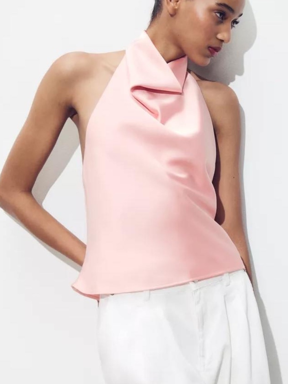 ZARA NWT PEACH Satin Halter Neck Backless Sleeveless Blouse Top Size L